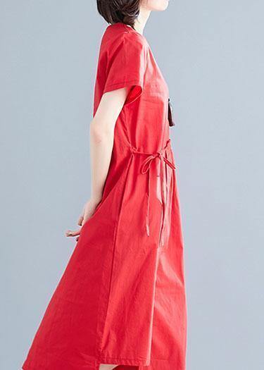 Vivid Red Linen Cotton Robes O Neck Drawstring Maxi Summer Dress