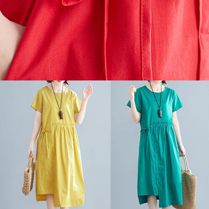 Vivid Red Linen Cotton Robes O Neck Drawstring Maxi Summer Dress