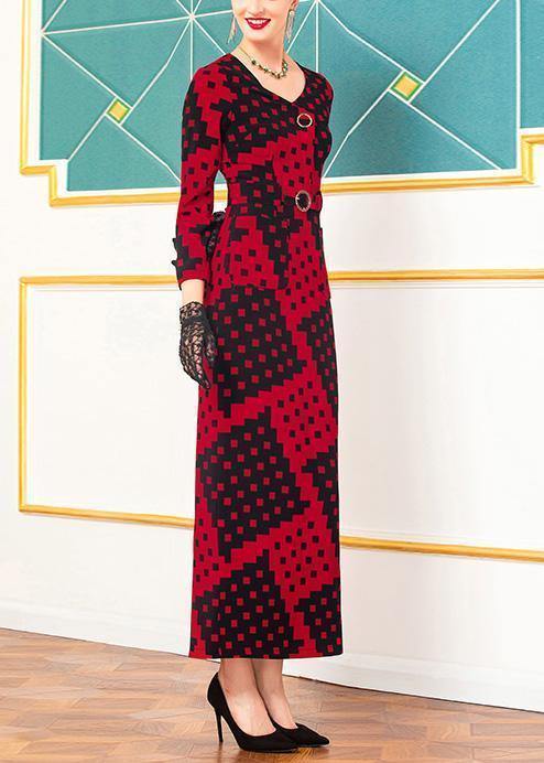 Vivid Red Plaid Cotton Quilting Clothes O Neck V Neck Dresses