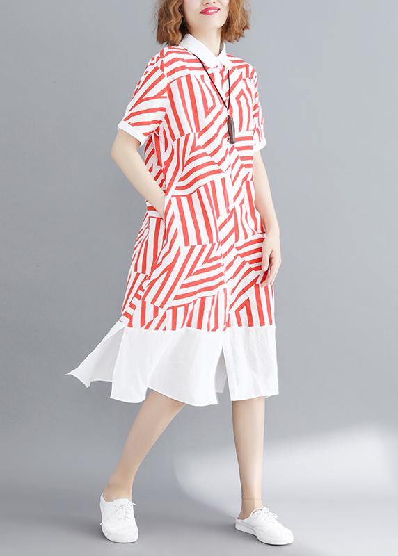 Vivid Red Striped Tunic Shirt Dress Lapel Button Down Daily Summer Dress