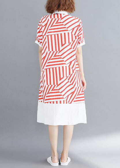 Vivid Red Striped Tunic Shirt Dress Lapel Button Down Daily Summer Dress