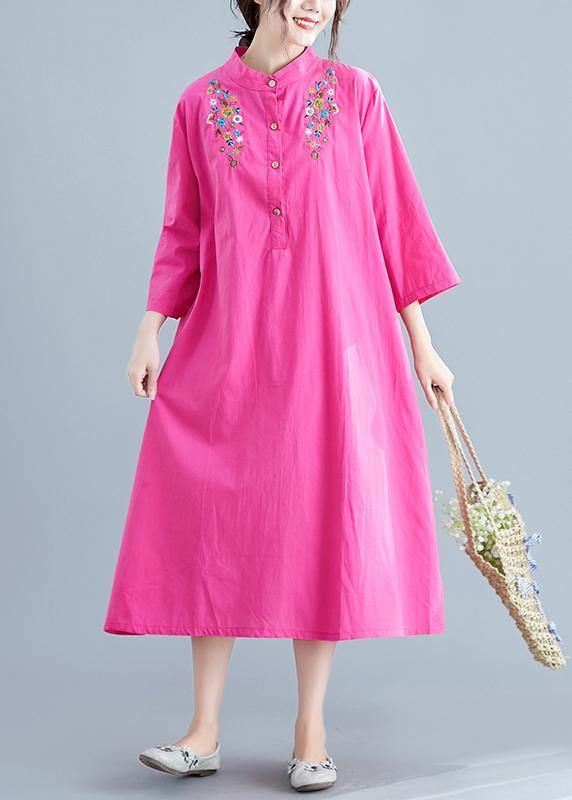 Vivid Rose Embroidery Cotton Clothes for Stand Collar Pockets Maxi Summer Dresses