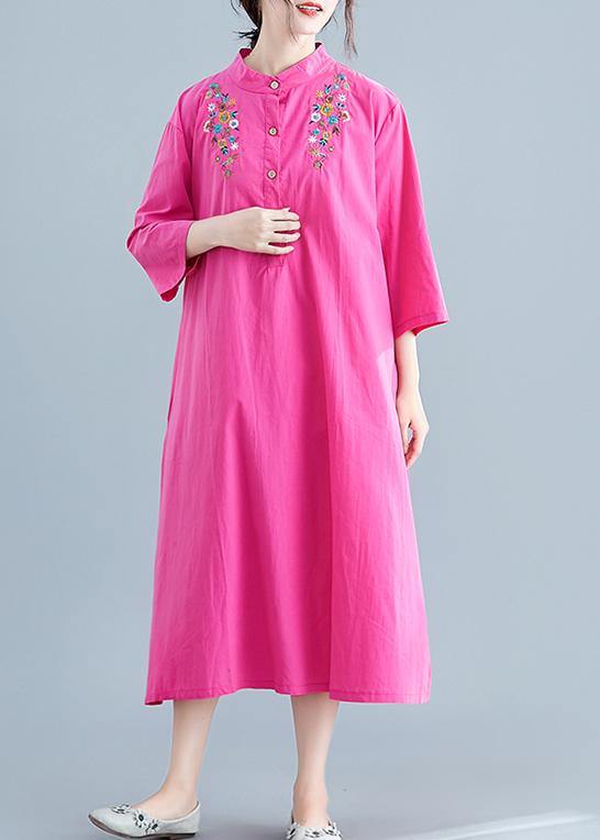 Vivid Rose Embroidery Cotton Clothes for Stand Collar Pockets Maxi Summer Dresses
