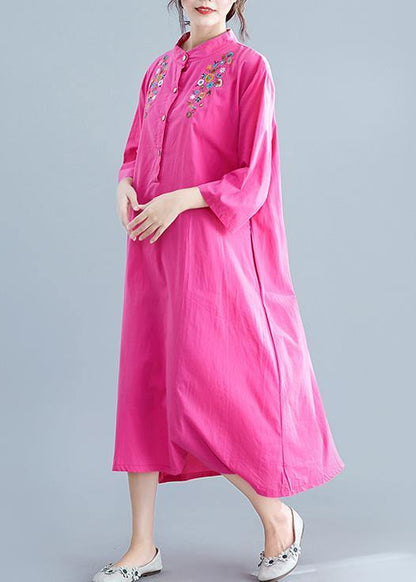Vivid Rose Embroidery Cotton Clothes for Stand Collar Pockets Maxi Summer Dresses