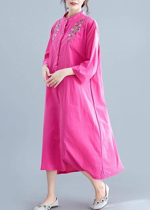Vivid Rose Embroidery Cotton Clothes for Stand Collar Pockets Maxi Summer Dresses