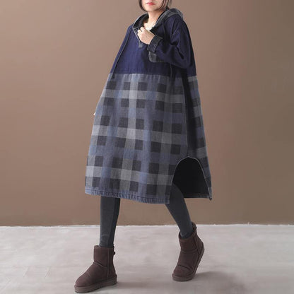 Vivid Side Open Cotton Patchwork Tunic Work Outfits Blue Hooded Maxi Dress