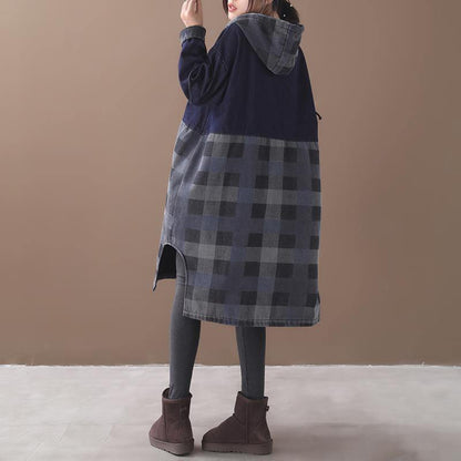 Vivid Side Open Cotton Patchwork Tunic Work Outfits Blue Hooded Maxi Dress