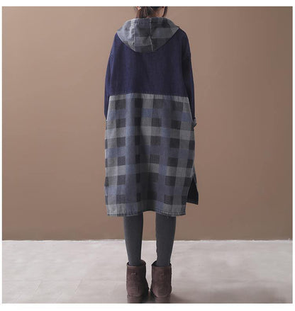 Vivid Side Open Cotton Patchwork Tunic Work Outfits Blue Hooded Maxi Dress
