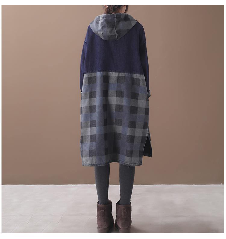 Vivid Side Open Cotton Patchwork Tunic Work Outfits Blue Hooded Maxi Dress