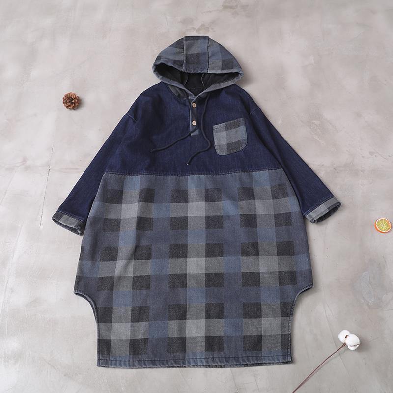 Vivid Side Open Cotton Patchwork Tunic Work Outfits Blue Hooded Maxi Dress