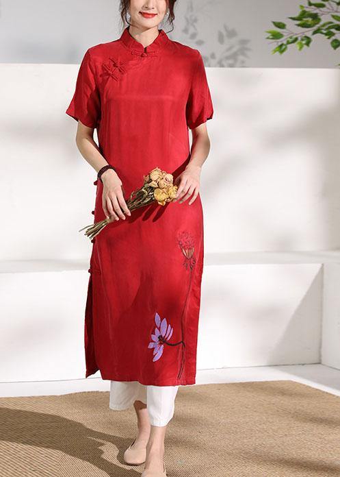 Vivid Stand Collar Chinese Button Tunic Dress Fabrics Red Print Maxi Dresses