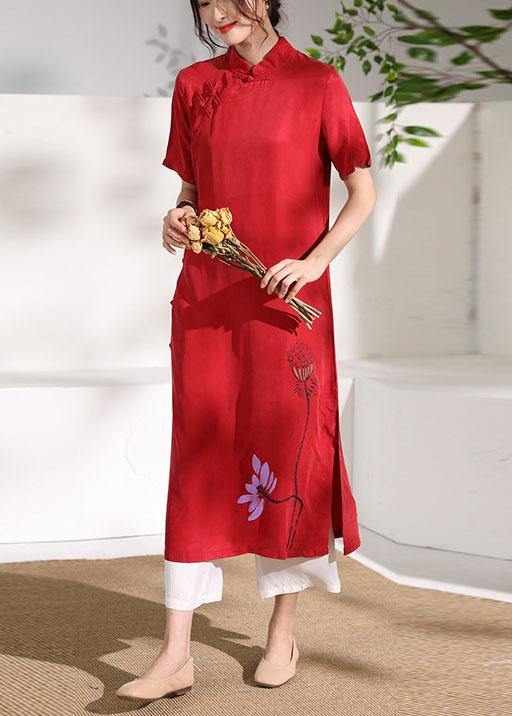 Vivid Stand Collar Chinese Button Tunic Dress Fabrics Red Print Maxi Dresses