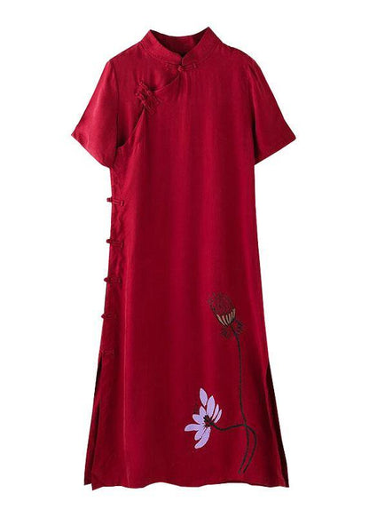 Vivid Stand Collar Chinese Button Tunic Dress Fabrics Red Print Maxi Dresses