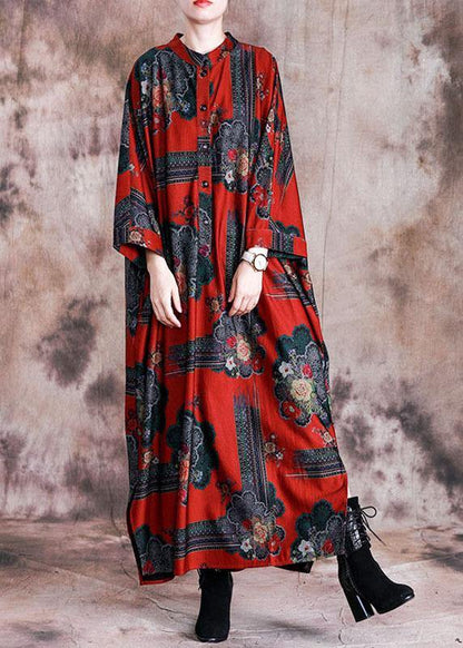 Vivid Stand Collar Cotton Tunics Work Outfits Red Print Maxi Dress Fall