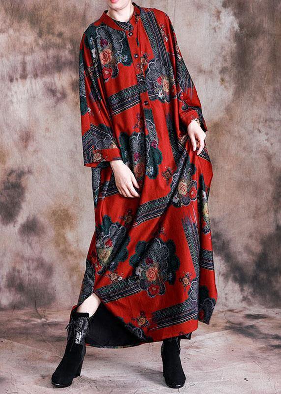 Vivid Stand Collar Cotton Tunics Work Outfits Red Print Maxi Dress Fall