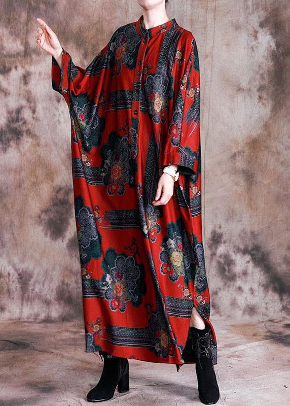 Vivid Stand Collar Cotton Tunics Work Outfits Red Print Maxi Dress Fall