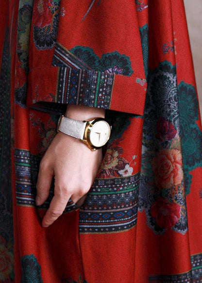 Vivid Stand Collar Cotton Tunics Work Outfits Red Print Maxi Dress Fall