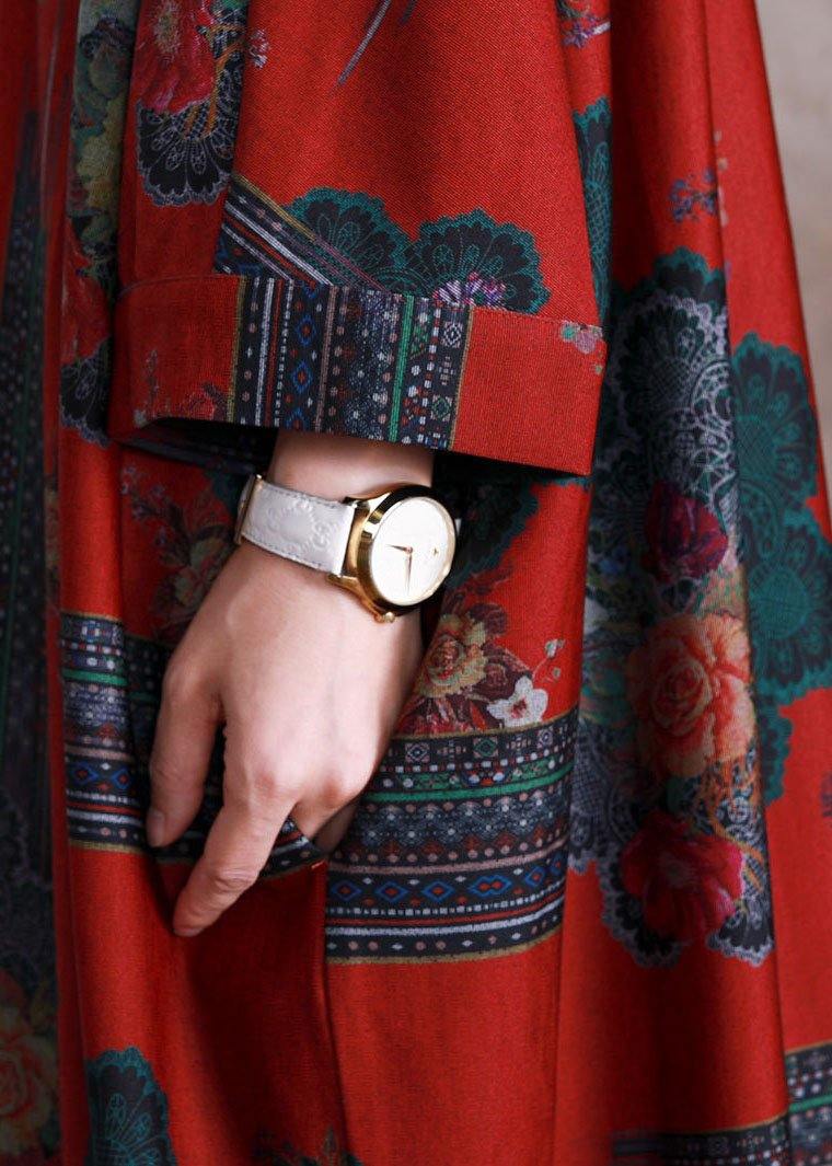 Vivid Stand Collar Cotton Tunics Work Outfits Red Print Maxi Dress Fall