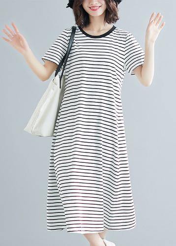 Vivid Striped Cotton Long Shirts O Neck Asymmetric Dresses