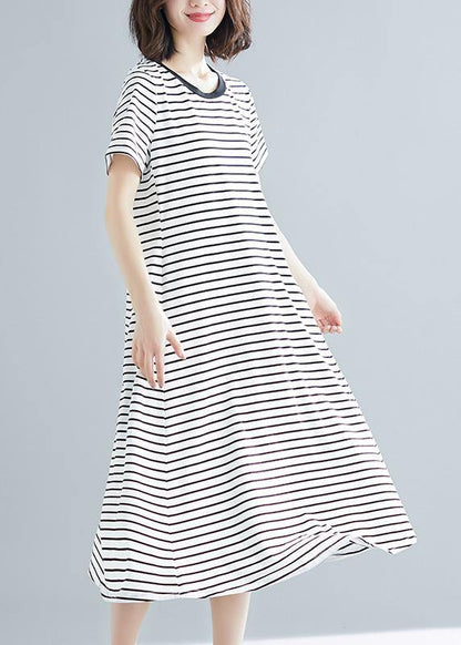 Vivid Striped Cotton Long Shirts O Neck Asymmetric Dresses