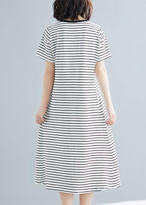 Vivid Striped Cotton Long Shirts O Neck Asymmetric Dresses