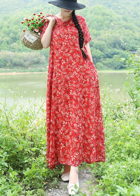 Vivid V Neck Linen Long Shirts Catwalk Red Print Maxi Dresses Summer