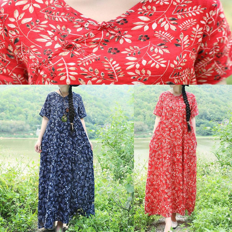 Vivid V Neck Linen Long Shirts Catwalk Red Print Maxi Dresses Summer