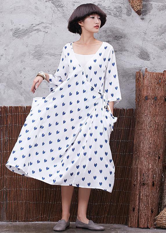 Vivid V Neck Linen Cotton Soft Surroundings Linen White Prints Dresses Summer