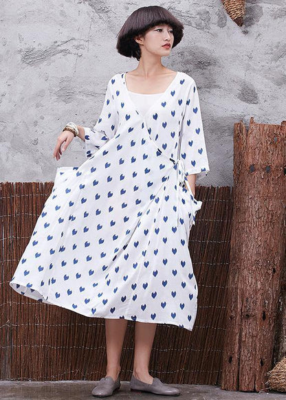 Vivid V Neck Linen Cotton Soft Surroundings Linen White Prints Dresses Summer