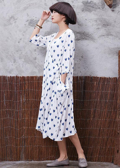 Vivid V Neck Linen Cotton Soft Surroundings Linen White Prints Dresses Summer