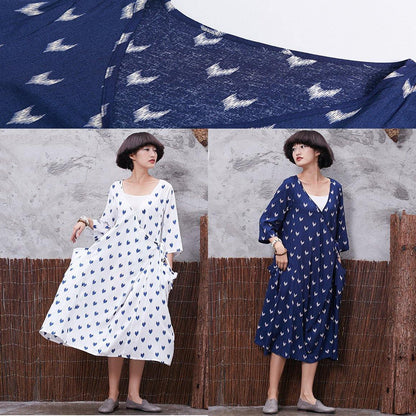 Vivid V Neck Linen Cotton Soft Surroundings Linen White Prints Dresses Summer