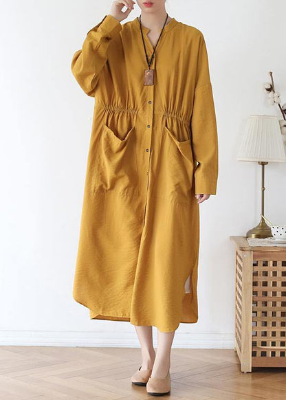 Vivid V Neck Pockets Cotton Spring Tunic Dress Sewing Yellow Kaftan Dress