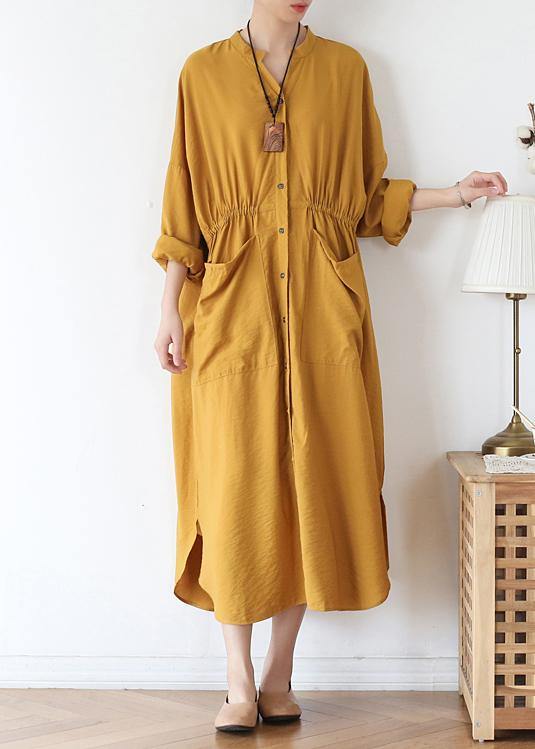 Vivid V Neck Pockets Cotton Spring Tunic Dress Sewing Yellow Kaftan Dress
