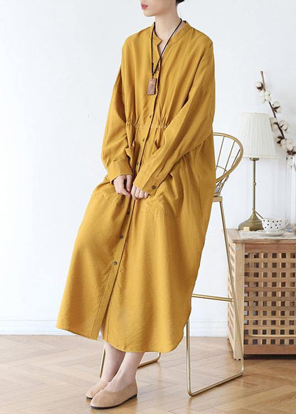 Vivid V Neck Pockets Cotton Spring Tunic Dress Sewing Yellow Kaftan Dress