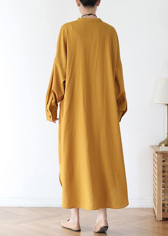 Vivid V Neck Pockets Cotton Spring Tunic Dress Sewing Yellow Kaftan Dress