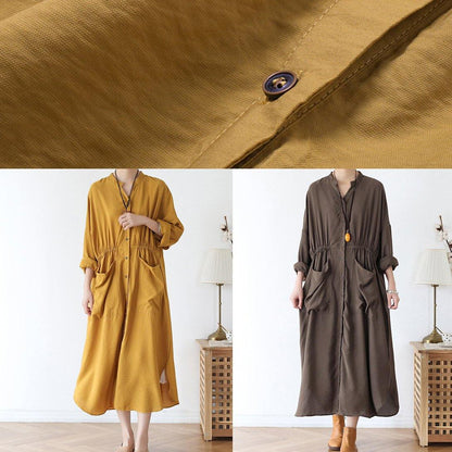 Vivid V Neck Pockets Cotton Spring Tunic Dress Sewing Yellow Kaftan Dress