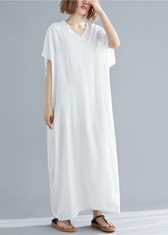 Vivid V Neck Pockets Linen Summer Robes Shape White Dresses