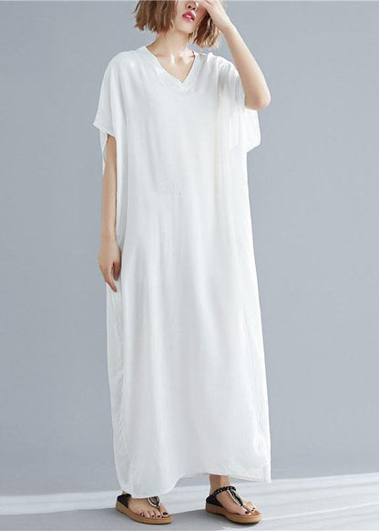 Vivid V Neck Pockets Linen Summer Robes Shape White Dresses