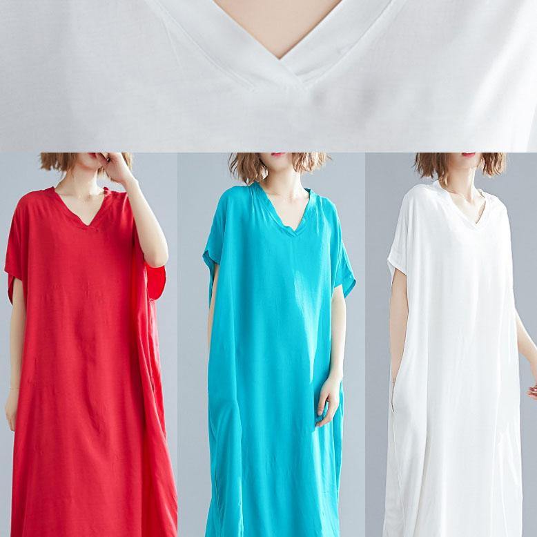 Vivid V Neck Pockets Linen Summer Robes Shape White Dresses