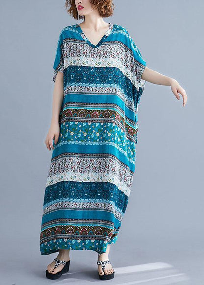Vivid V Neck Short Sleeve Cotton Quilting Clothes Blue Print Maxi Dresses