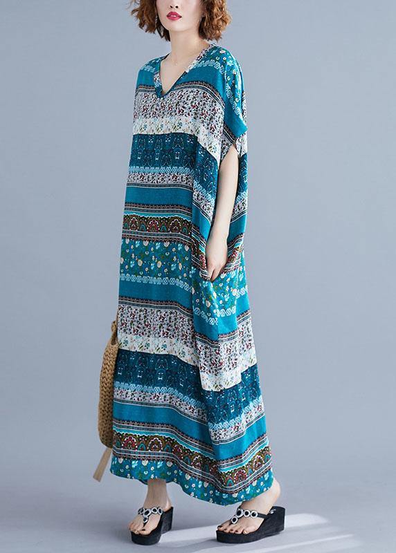 Vivid V Neck Short Sleeve Cotton Quilting Clothes Blue Print Maxi Dresses