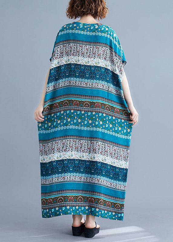 Vivid V Neck Short Sleeve Cotton Quilting Clothes Blue Print Maxi Dresses