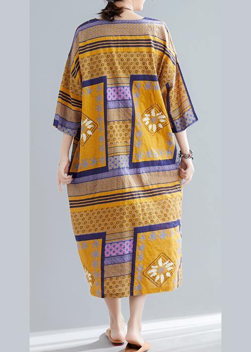 Vivid V Neck Side Open Cotton Quilting Dresses Tutorials Yellow Print Long Dresses Summer