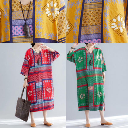 Vivid V Neck Side Open Cotton Quilting Dresses Tutorials Yellow Print Long Dresses Summer