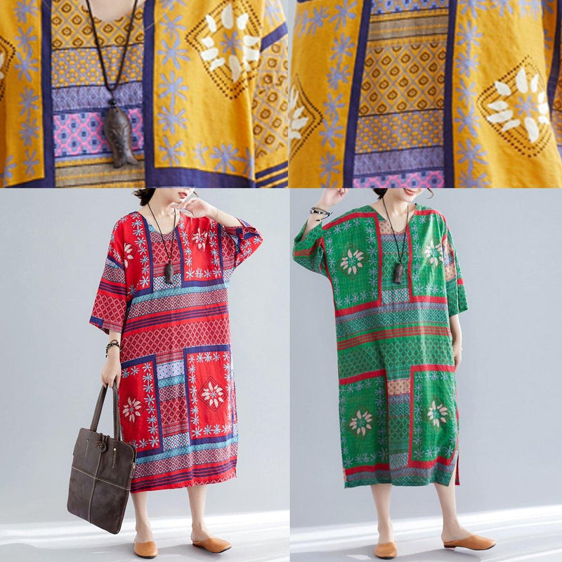 Vivid V Neck Side Open Cotton Quilting Dresses Tutorials Yellow Print Long Dresses Summer