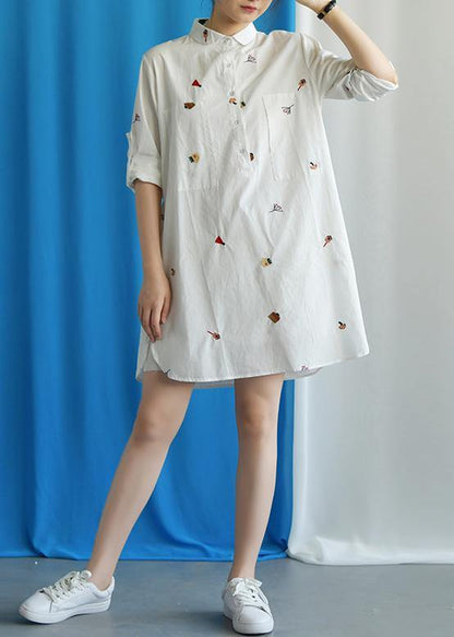 Vivid White Cotton Quilting Clothes Embroidery Loose Fall Dress