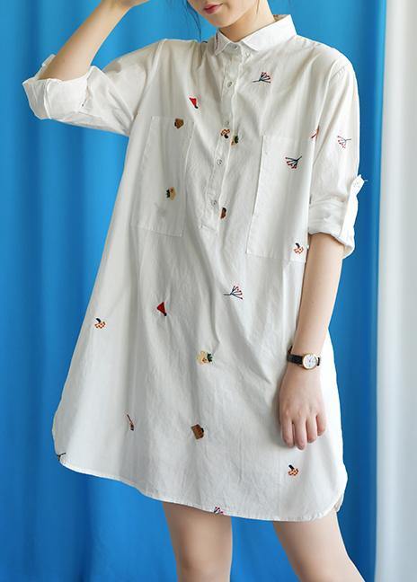 Vivid White Cotton Quilting Clothes Embroidery Loose Fall Dress