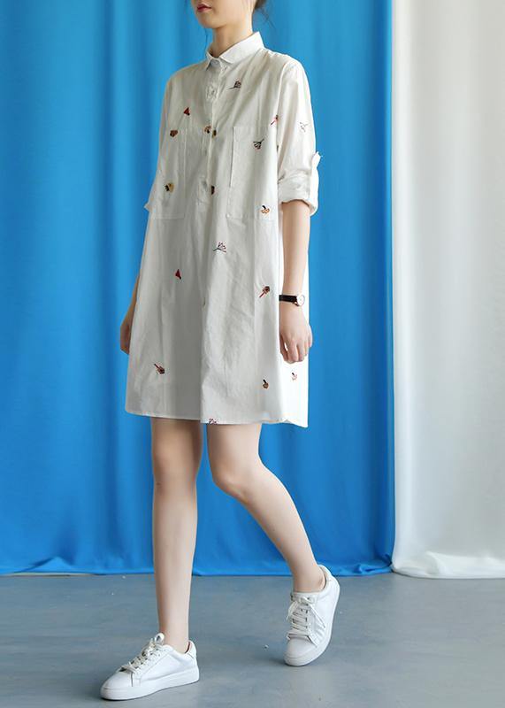 Vivid White Cotton Quilting Clothes Embroidery Loose Fall Dress