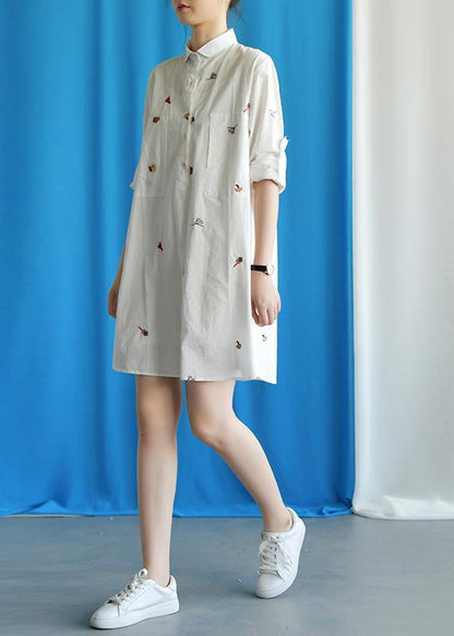 Vivid White Cotton Quilting Clothes Embroidery Loose Fall Dress