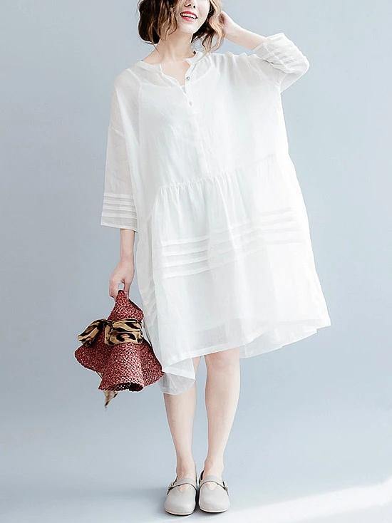 Vivid White Cotton Tunic Dress V Neck Half Sleeve Short Dresses